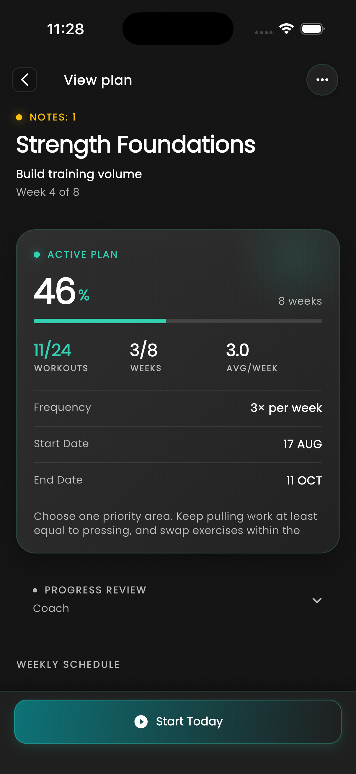 Strength Foundations plan with current week and completed workouts