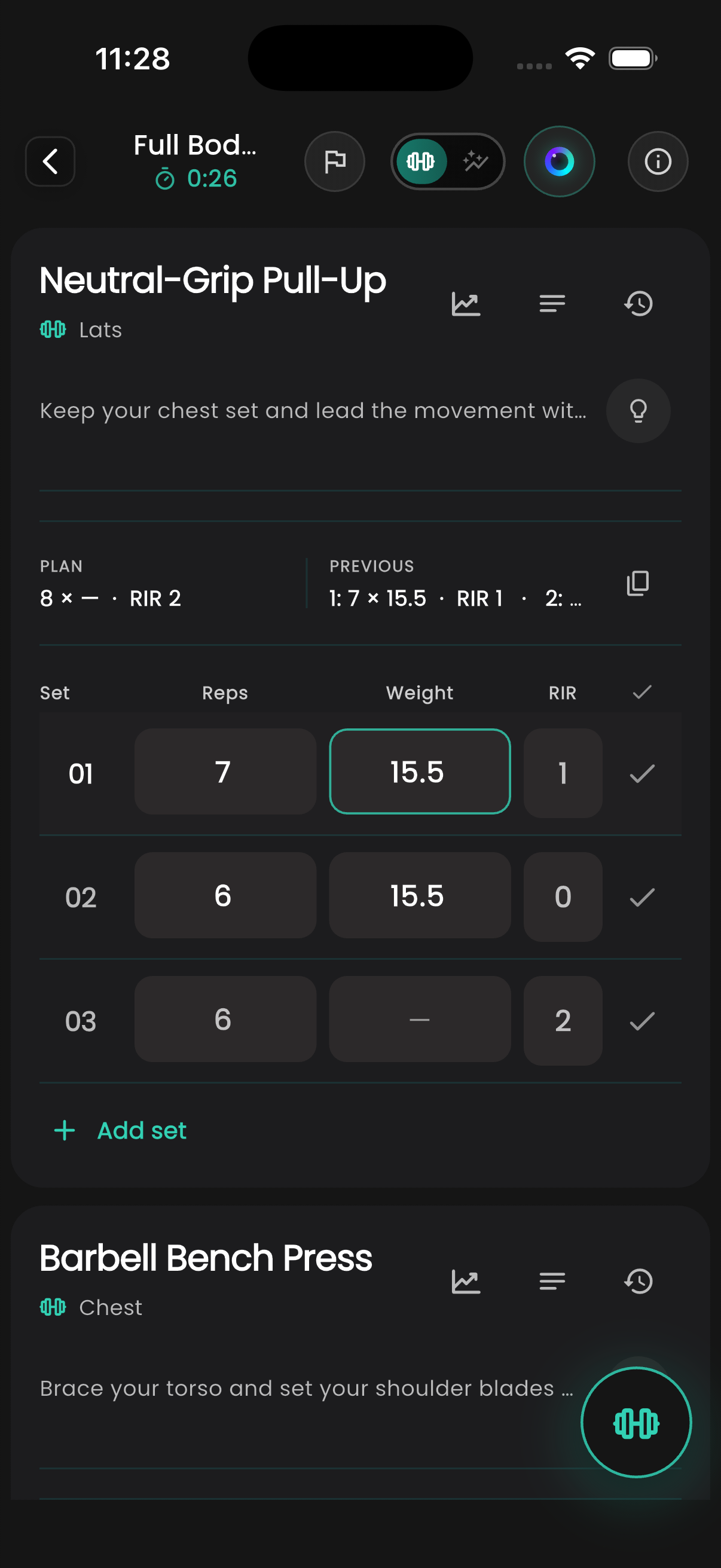 GymTracker workout with weight, reps and logged sets
